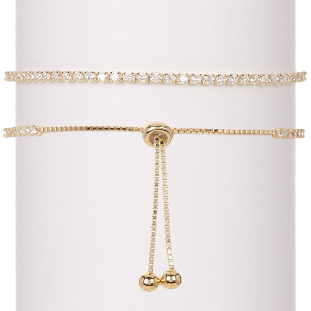 18K Gold Over Sterling Silver CZ Tennis Bolo Bracelet Adjustable 6.5-7.5in Chic